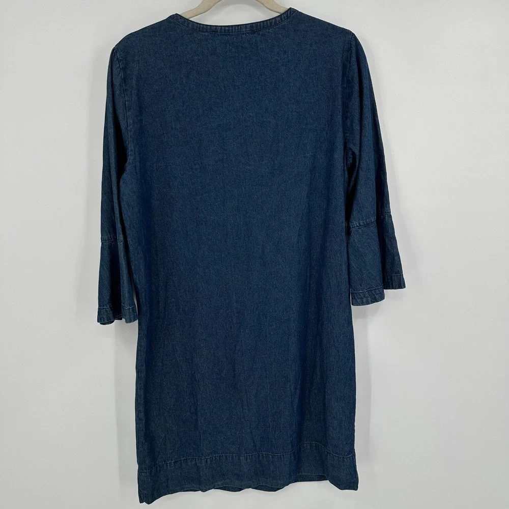 Draper James Womens Denim Dress Size 12 Blue Ruffle Front 3/4 Bell Sleeve‎